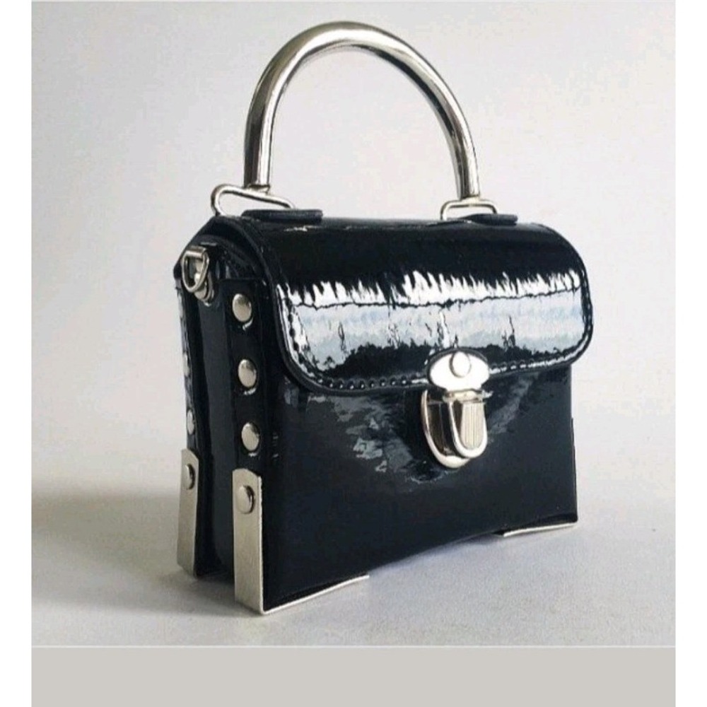 Vtg Black Patent Leather Structured Box Purse Silver Tone Metallic Stud 90s Punk